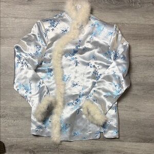 Elegant Floral Satin Jacket with Fur Trim